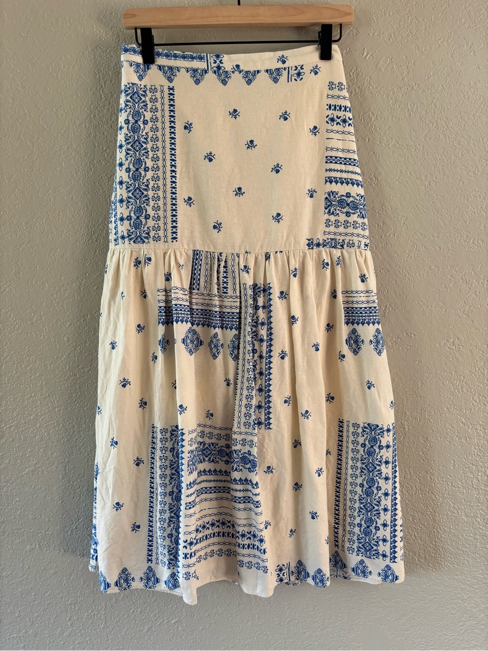 Maison d’Amelie Blue White Patchwork Linen Blend Midi Skirt Boho Coastal S